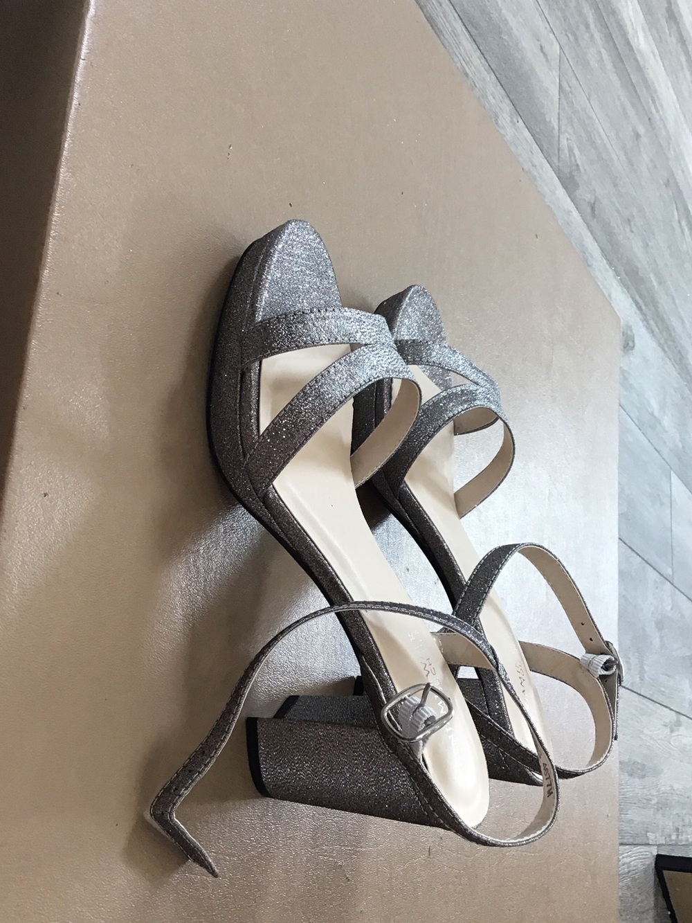 Benjamin Walk Silver Glitter Block Heel Sandals with Ankle Strap